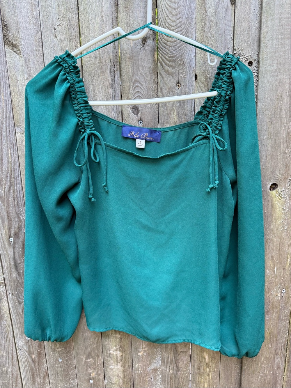 Blue Rain Teal Green Square Neckline Blouse Long Sleeve Top Cinch Tie Accent
